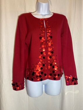Ruby Rd. Red Sequin Embellished Red Cardigan with Hook/Eye Closure - women- M
